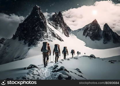 Group of tourists in winter in the mountains. Teamwork concept. Neural network AI generated art. Group of tourists in winter in the mountains. Teamwork concept. Neural network AI generated