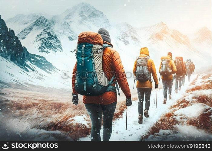Group of tourists in winter in the mountains. Teamwork concept. Neural network AI generated art. Group of tourists in winter in the mountains. Teamwork concept. Neural network AI generated