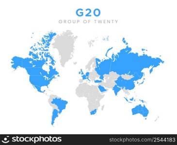 Group of twenty countries on world map. G20 infographic isolated on white background. Vector stock