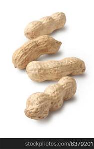 Group of unshelled peanuts, arranged in line, perspective view, isolated on white background. Group of unshelled peanuts