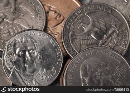 "Group of US American coin with wording "in God we trust""