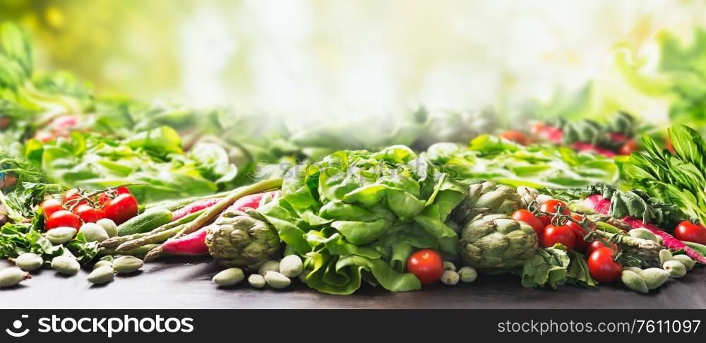 Group of various harvesting organic vegetables at sunny summer garden green nature background. Veggies growing. Eco food. Tomato, lettuce, root vegetables,artichokes, asparagus,herbs,carrots. Banner