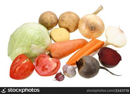 Group of vegetables. Isolated on white background. Close-up. Studio photography.