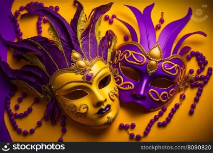Group of venetian mardi gras mask or disguise on a colorful bright background. Neural network AI generated art. Group of venetian mardi gras mask or disguise on a colorful bright background. Neural network generated art