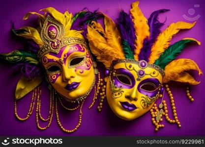 Group of venetian mardi gras mask or disguise on a colorful bright background. Neural network AI generated art. Group of venetian mardi gras mask or disguise on a colorful bright background. Neural network generated art