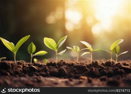 Group of vibrant seedlings emerge from the soil, basking in the sunlight and absorbing essential nutrients and water. The natural beauty of botany and the progress of growth. Generative AI.