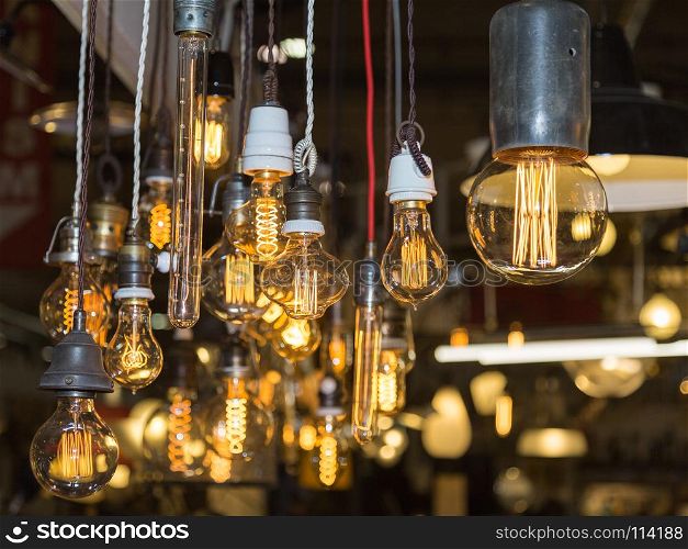 Group of Vintage Electric Light Bulbs with Incandescent Filament.. Group of Vintage Electric Light Bulbs with Incandescent Filament