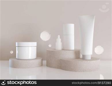 Group of white and blank, unbranded cosmetic cream jars and tubes on beige background. Skin care product presentation. Elegant mockup. Skincare, beauty and spa. Jar, tube with copy space. 3D render. Group of white and blank, unbranded cosmetic cream jars and tubes on beige background. Skin care product presentation. Elegant mockup. Skincare, beauty and spa. Jar, tube with copy space. 3D render.