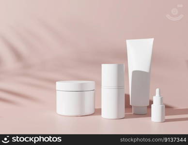 Group of white and blank, unbranded cosmetic cream jars and tubes on pink background. Skin care product presentation. Elegant mockup. Skincare, beauty and spa. Jar, tube with copy space. 3D rendering. Group of white and blank, unbranded cosmetic cream jars and tubes on pink background. Skin care product presentation. Elegant mockup. Skincare, beauty and spa. Jar, tube with copy space. 3D rendering.