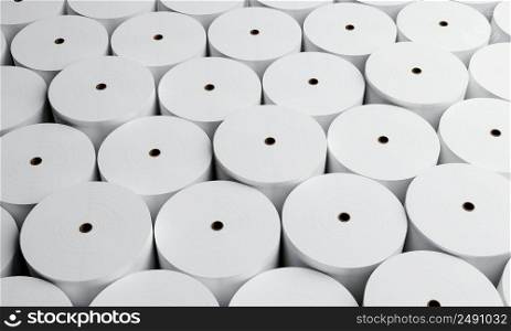 Group of white paper rolls in industrial factory for storage background. Production and manufacturing concept. 3D illustration rendering