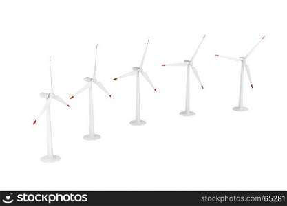 Group of wind turbines generating electricity on white background