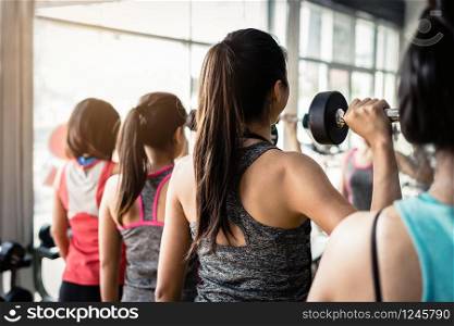 Group of woman lifting weights with dumbbells in gym, Fitness ,training lifestyle concept. Group of woman lifting weights with dumbbells