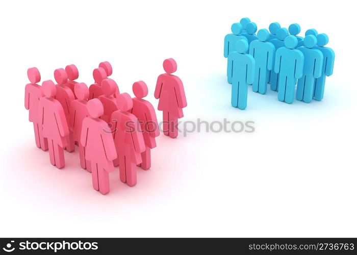 Group of women against group of men isolated on the white background