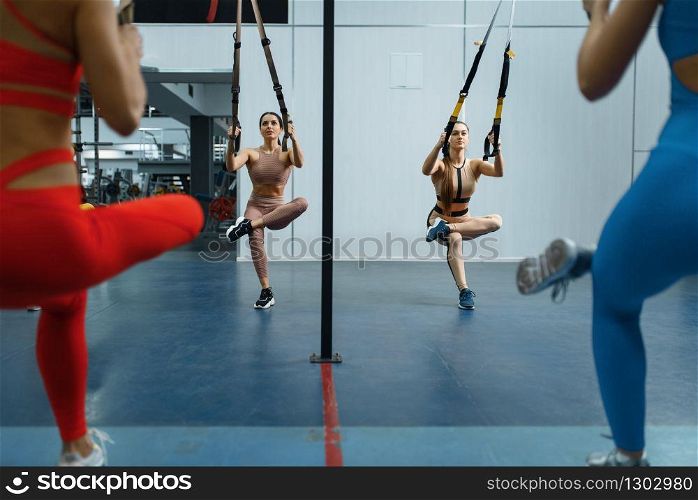Group of women doing balance exercise in gym. People on fitness workout in sport club, athletic girls in sportswear on training indoors. Group of attractive women doing exercise in gym
