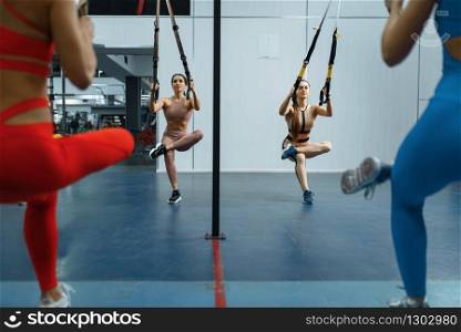 Group of women doing balance exercise in gym. People on fitness workout in sport club, athletic girls in sportswear on training indoors. Group of attractive women doing exercise in gym