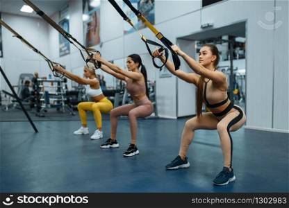 Group of women doing exercise in gym, back view. People on fitness workout in sport club, athletic girls in sportswear on training indoors. Group of women doing exercise in gym, back view