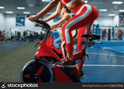 Group of women doing exercise on a stationary bikes in gym, bottom view. People on fitness workout in sport club, athletic girls in sportswear on training indoors. Women on stationary bikes in gym, bottom view