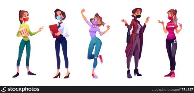 Group of women in face masks. Female characters different professions. Vector cartoon set of girls in office suit, seller uniform, professional worker, happy lady and woman with popcorn. Group of women different professions in face masks