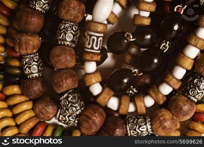Group of wooden bracelets handmade closeup