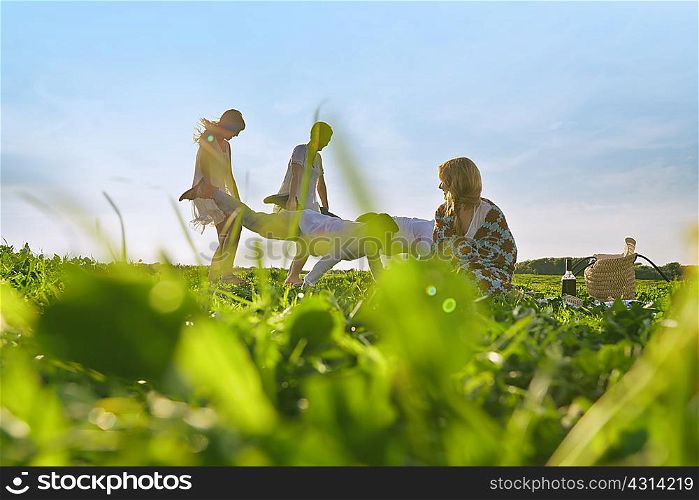 Group of young adult friends having pretend wheelbarrow race in field