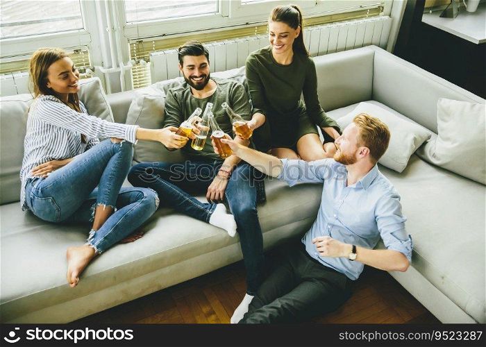 Group of young friends drinking cider and having fun in the room