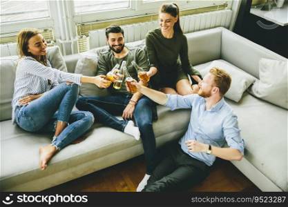 Group of young friends drinking cider and having fun in the room