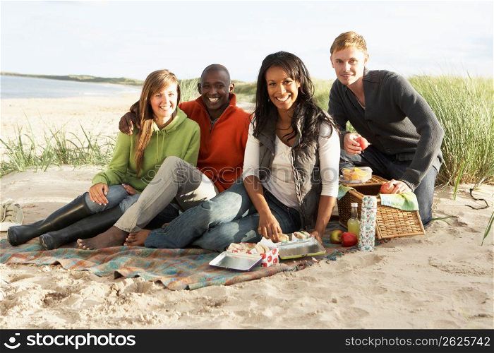 Group Of Young Friends Enjoying Picnic On Beach Together