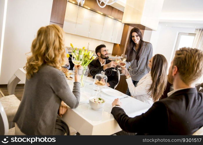 Group of young friends having dinner at home and toasting with white wine