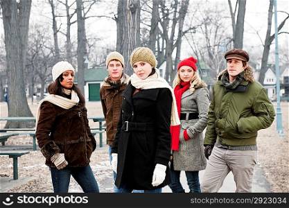 Group of young friends outside in winter
