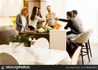 Group of young friends toasting with white wine joyous event