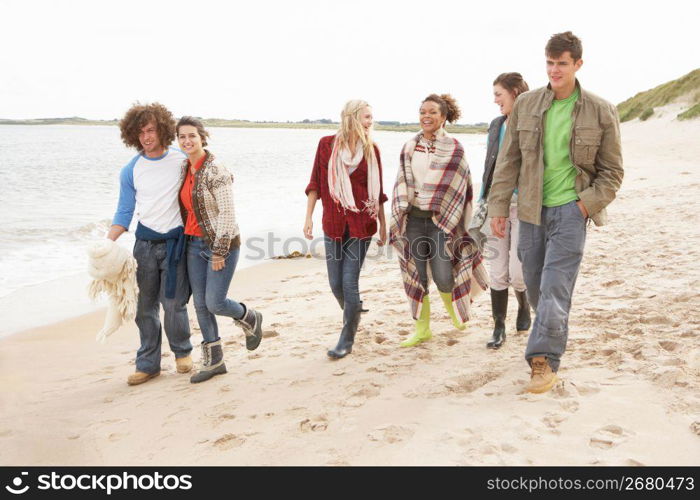 Group Of Young Friends Walking Along Autumn Shoreline