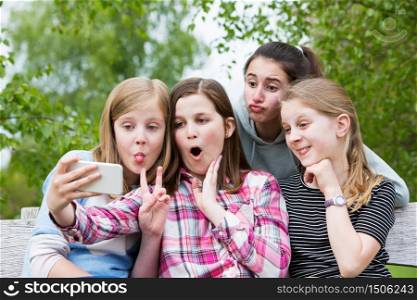 Group Of Young Girls Posing For Selfie In Park