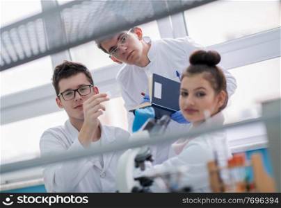 Group of young medical students doing research together in chemistry laboratory,teamwork by college student indoors