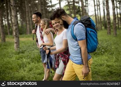 Group of young people are hiking in mountain at spring day
