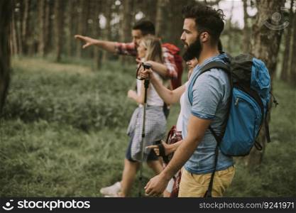 Group of young people are hiking in mountain at spring day