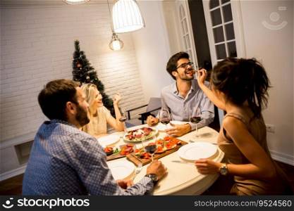 Group of young people celebrating New Year and drinking red wine