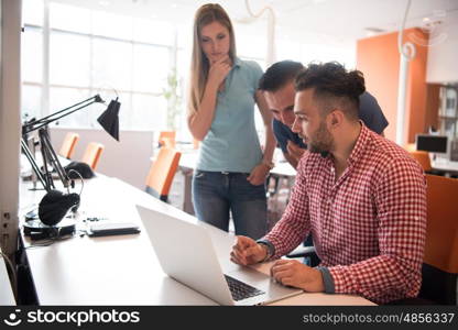 Group of young people employee workers with computer in urban alternative studio - Business concept of human resource and fun on working time - Start up entrepreneurs at office - Bright vintage filter