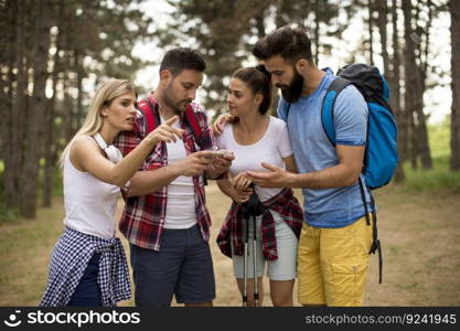 Group of young people hiking in mountain at spring day