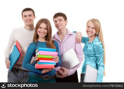Group of Young People Standing Together with Notebooks, Laptop and Notepads