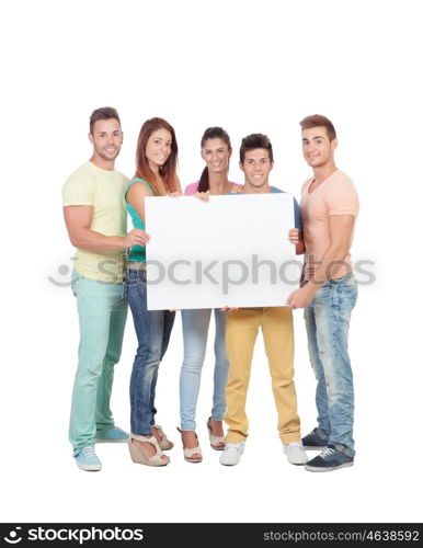 Group of young people with a blank placard isolated on a white background