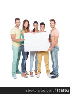 Group of young people with a blank placard isolated on a white background