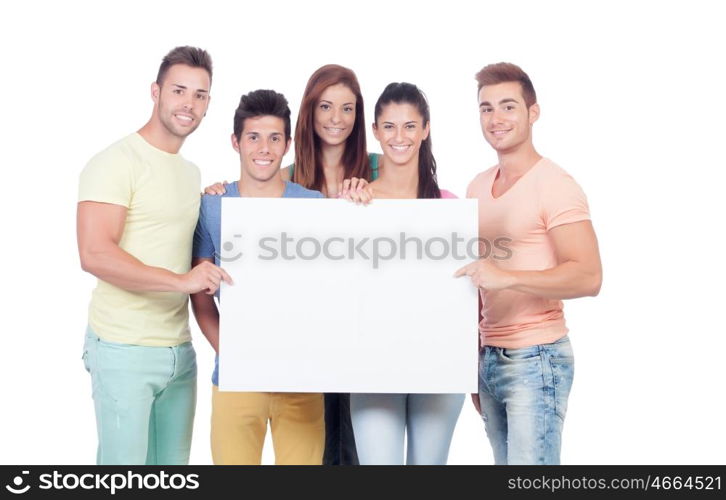 Group of young people with a blank placard isolated on a white background