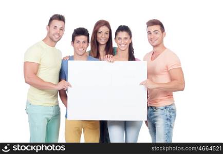Group of young people with a blank placard isolated on a white background
