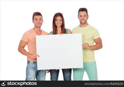 Group of young people with a blank placard isolated on a white background