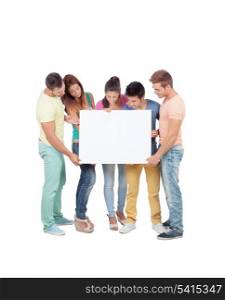 Group of young people with a blank placard isolated on a white background