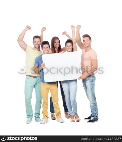 Group of young people with a blank poster isolated on white background