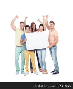 Group of young people with a blank poster isolated on white background