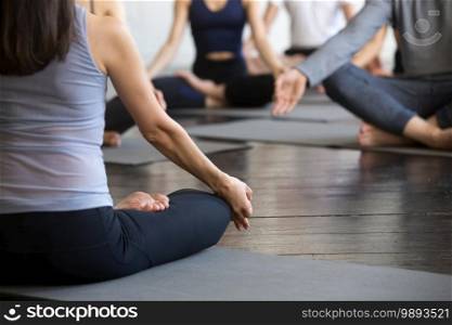 Group of young sporty people practicing yoga lesson with instructor, sitting in easy pose, Lotus exercise, working out, indoor close up, studio, students training in club. Rear view. Group of young sporty people sitting in Lotus pose, closeup
