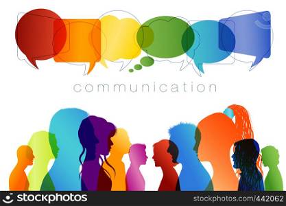 Group people in profile silhouette talking. Crowd speaks. Concept to communicate. Speech bubble. Social networking communication. Multicolored clouds. Talk. Isolated