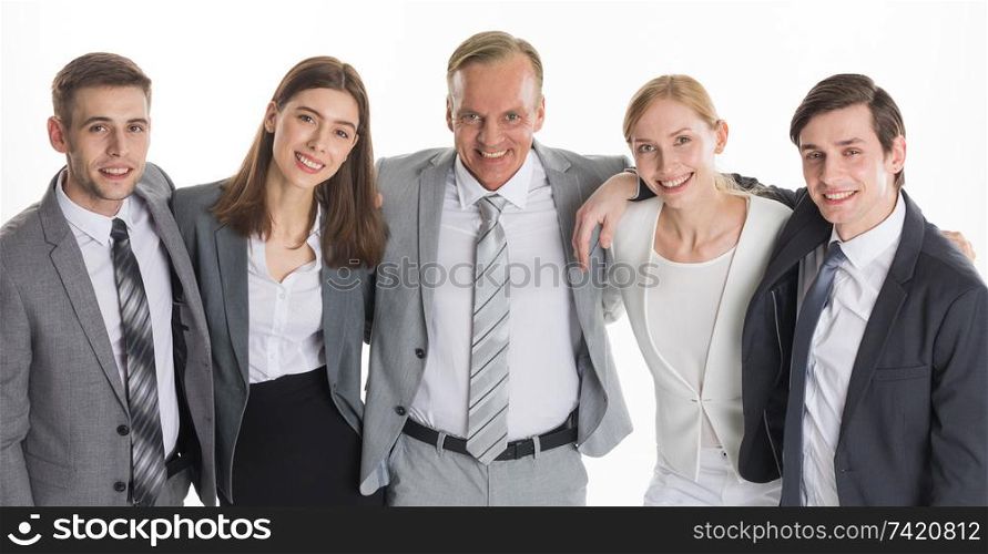 Group portrait of business people embracing studio isolated on white background. Group portrait of business people